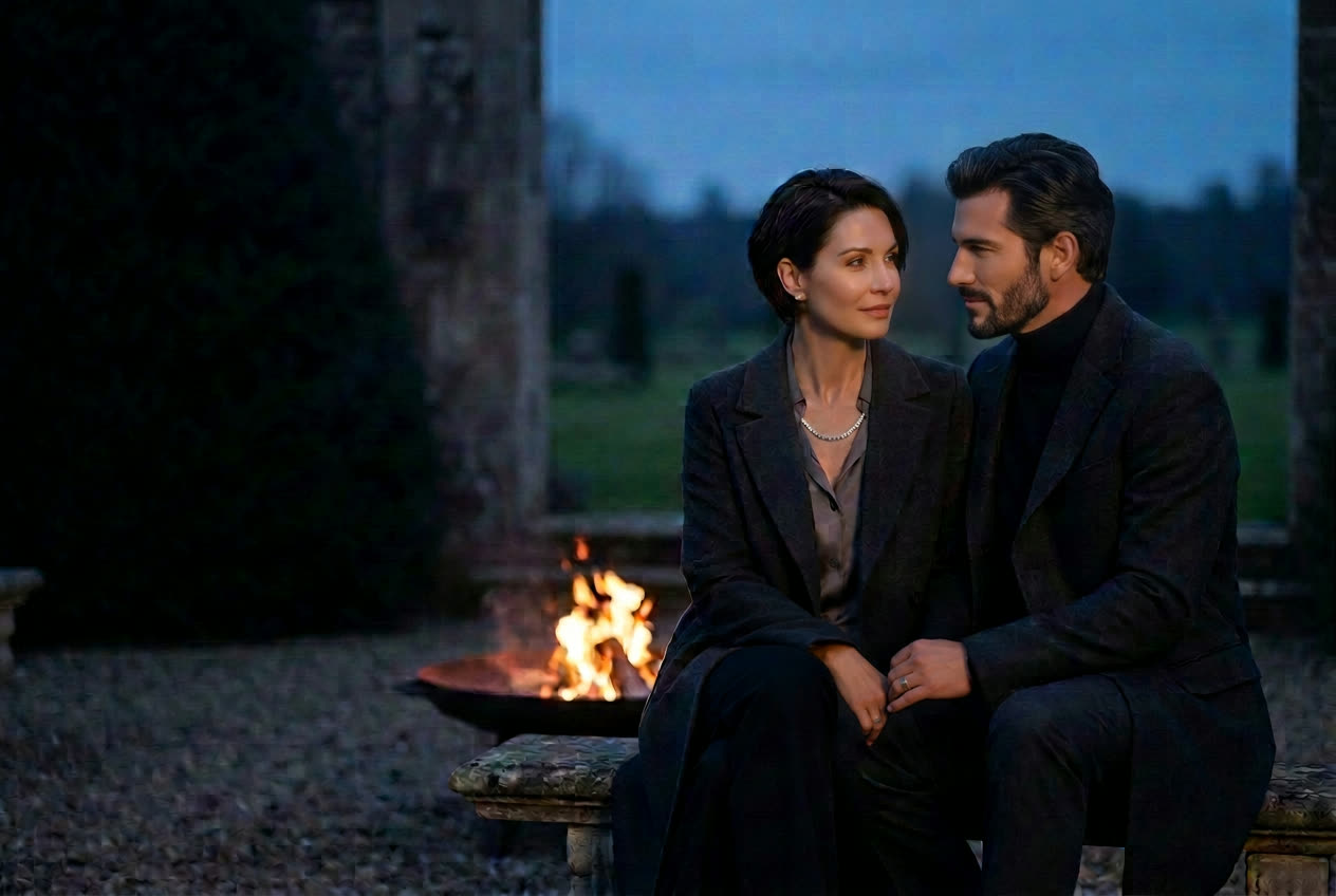 A distinguished couple wearing the Atlas necklace and Aegir ring beside an evening campfire