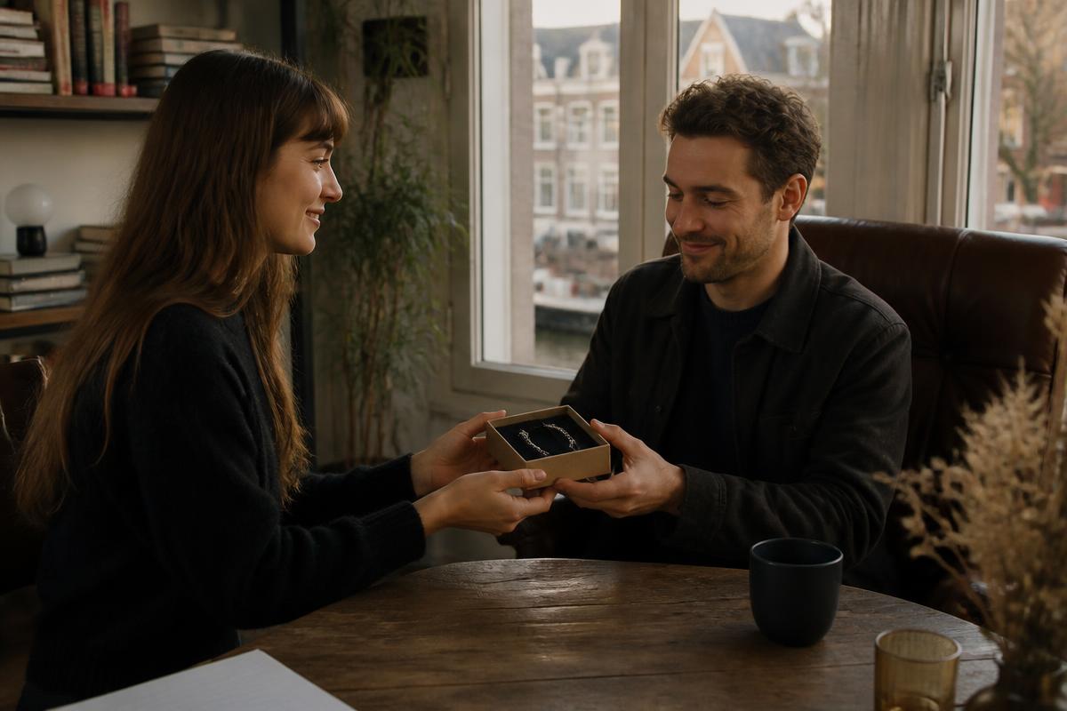 A woman giving a silver bracelet to a man at home