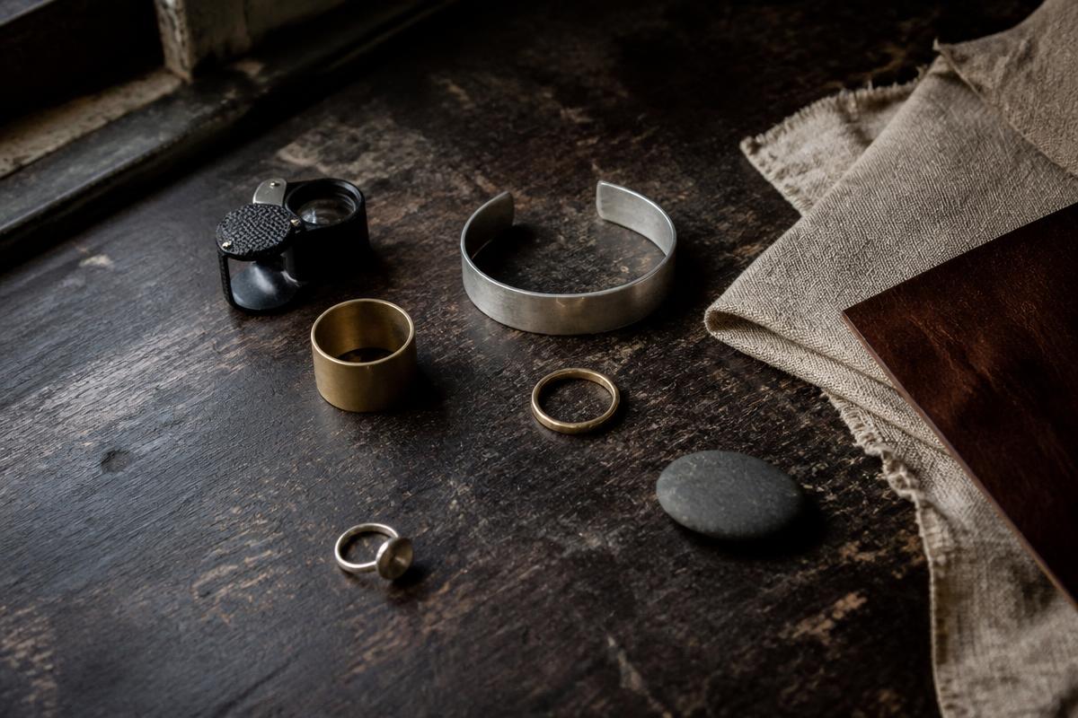 Silver, brass, leather and stone samples on an artisan's worktable