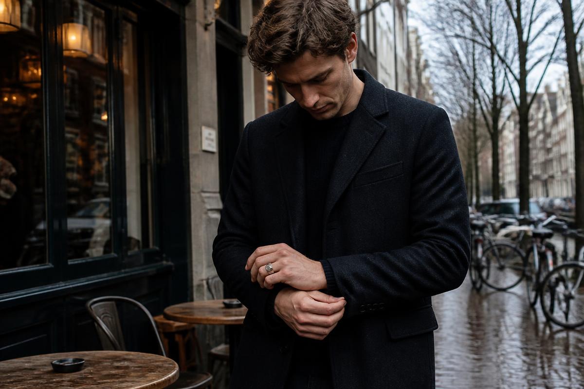 A man wearing a silver signet ring outside an Amsterdam café