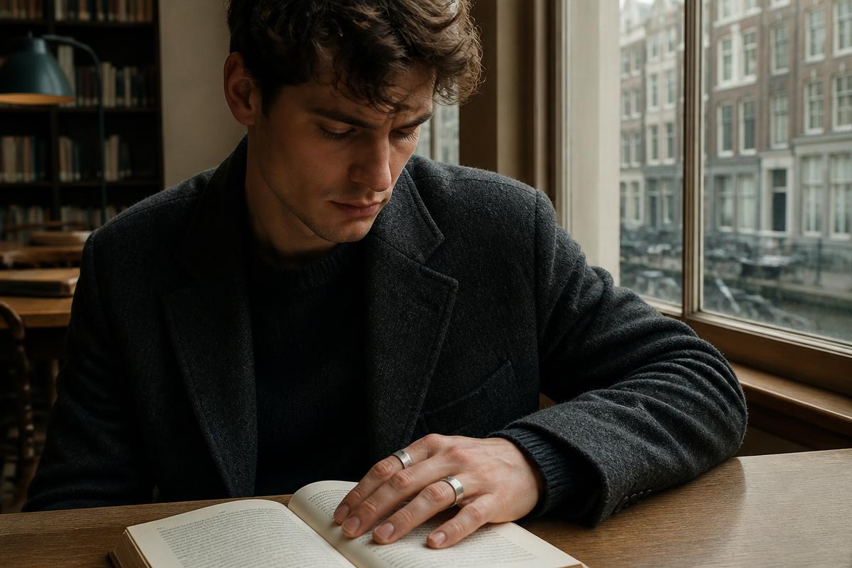 Man wearing understated silver rings while reading by a window