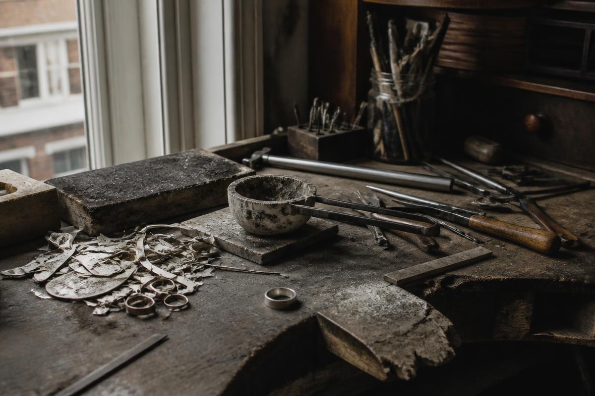 Recycled silver offcuts and tools on a working silversmith's bench